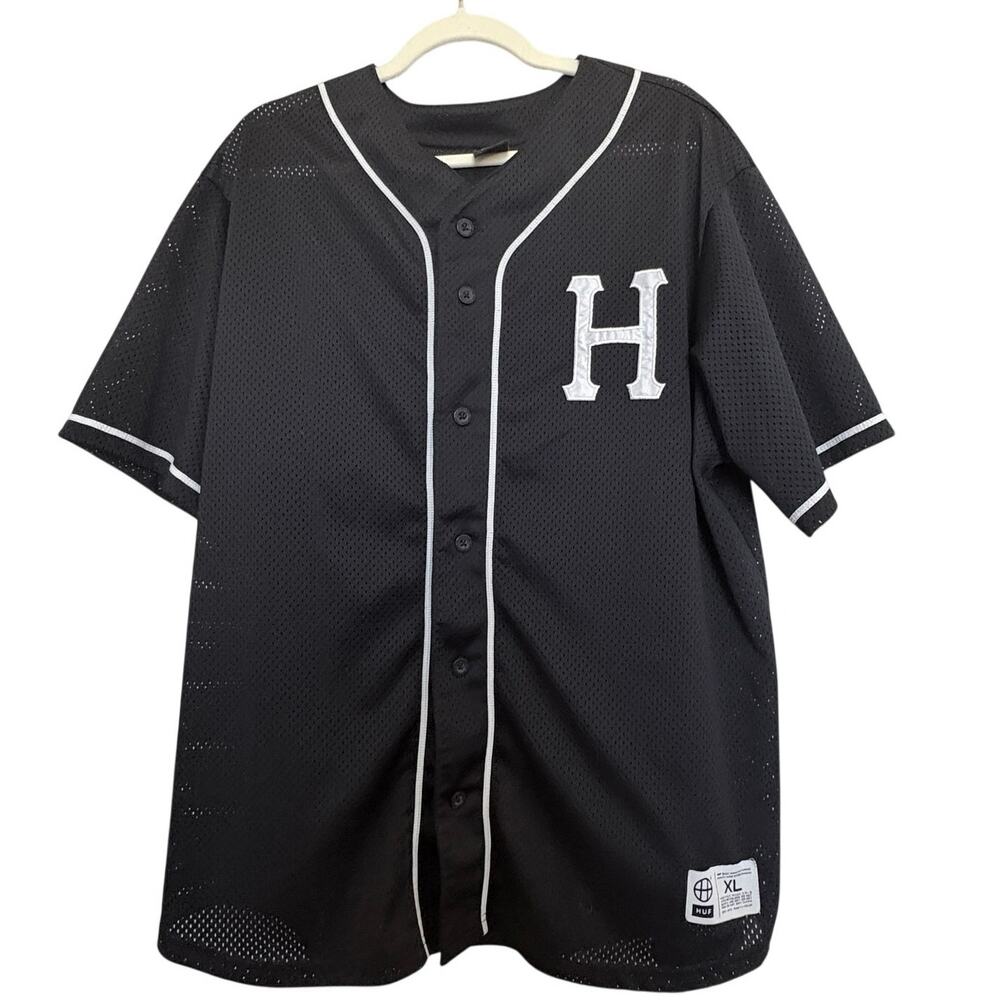 HUF Men’s XL Black Mesh Baseball Jersey Button Front Streetwear H Logo